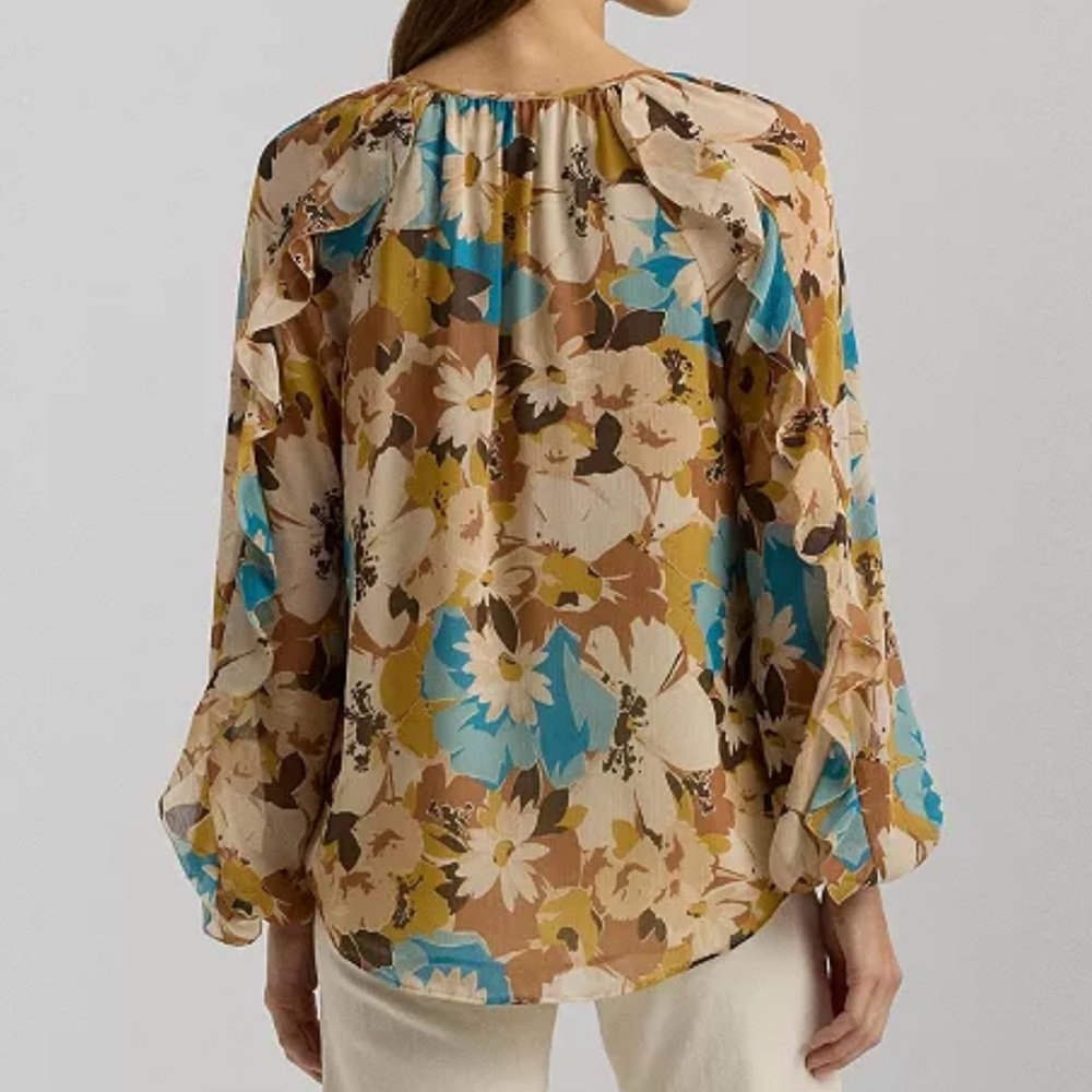🆕 Lauren Ralph Lauren Floral Blouse Size Large Boho Sheer Multicolor Top Style - Picture 3 of 17
